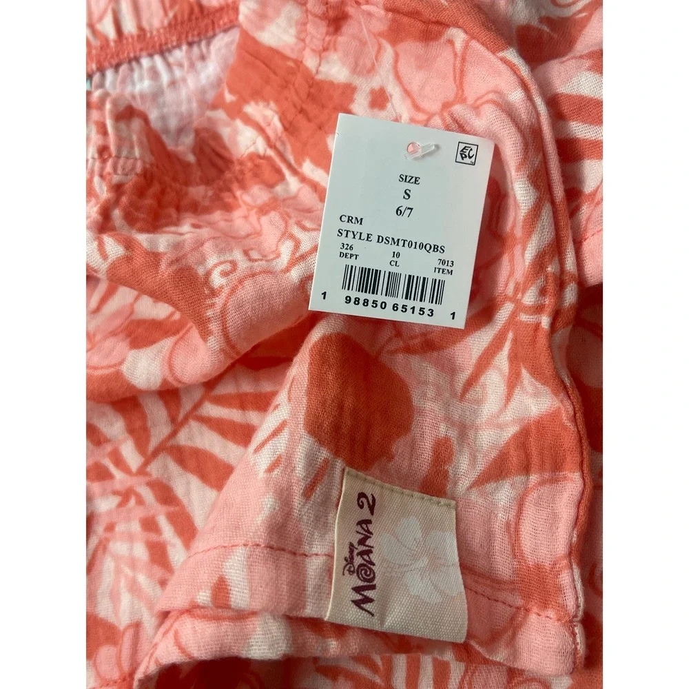 Disney Moana 2 Girls Small Peach Tropical Floral Cotton Gauze Shirt Shorts Set S